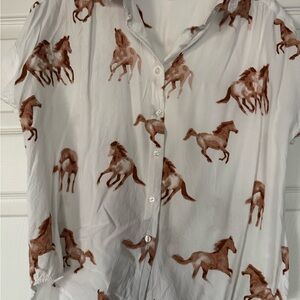 Jane and Delancey White and Brown Horse Print Top